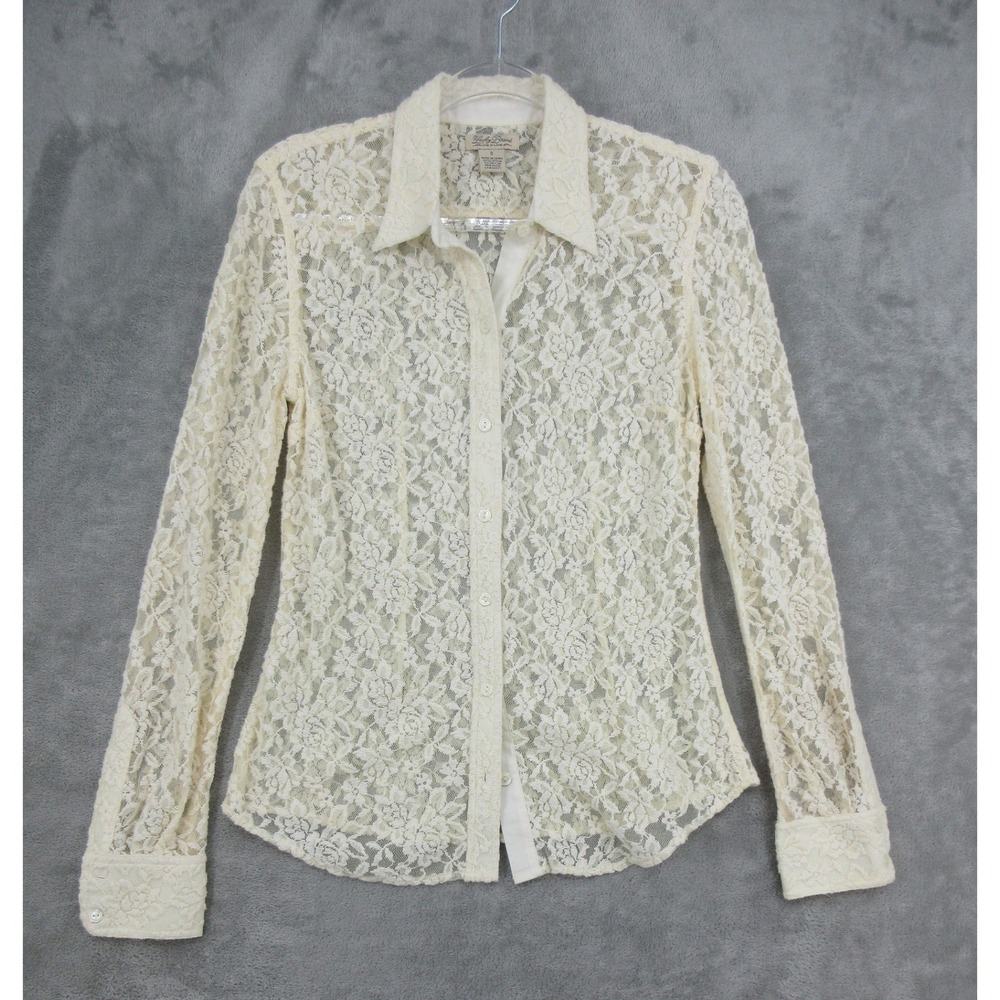 Lucky Brand Shirt Womens Size S Cream Sheer Floral Lace Button Front Coquette